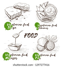 Vintage sketch illustration with monochrome vegetarian dish on white background. Design template. Vector black and white illustration. Homemade vegetarian food. Tempe, molasses, figs and hummus.