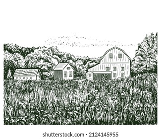 Vintage sketch illustration of old farm. Rural landscape illustration 