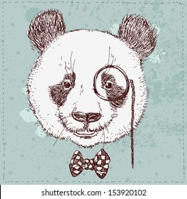 Vintage sketch  illustration of panda bear in hat in vector