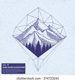 Vintage sketch of mountains. Hand drawn illustration in line art style with geometric shapes