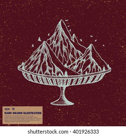 Vintage sketch of mountains. Hand drawn illustration in line art style on space background. Tattoo sketch of mountain ice-cream.