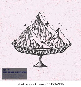 Vintage sketch of mountains. Hand drawn illustration in line art style on space background. Tattoo sketch of mountain ice-cream.