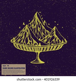 Vintage sketch of mountains. Hand drawn illustration in line art style on space background. Tattoo sketch of mountain ice-cream.