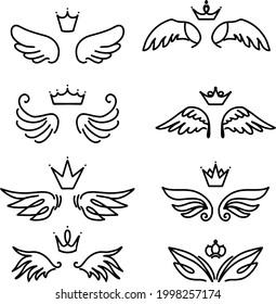 Vintage sketch pattern with wings doodle set. . Cartoon style. Vector icon. Web icon. Creative line art illustration, outline sketch.