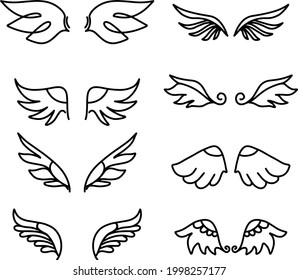 Vintage sketch pattern with wings doodle set. . Cartoon style. Vector icon. Web icon. Creative line art illustration, outline sketch.