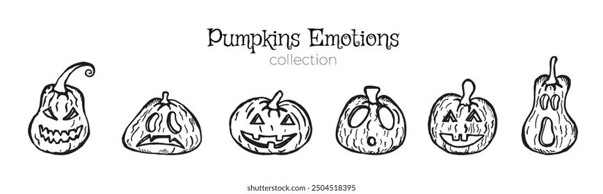 Antiguas Sketch Pumpkins Emotions conjunto para Halloween aislado sobre fondo blanco. Elementos divertidos en blanco y negro, iconos con caras de monstruos. Concepto para el logotipo, insignias, Anuncios, etiquetas, carteles, tarjeta.