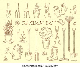 vintage sketch set of hand drawn gardening tools silhouettes