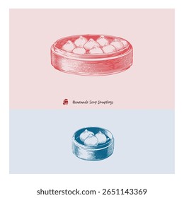 Vintage Sketch of Soup Dumplings in Steamer – Asian Food Illustration