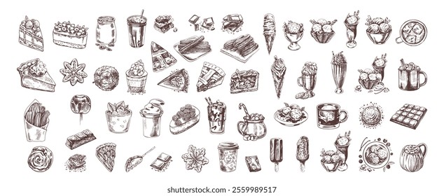 Vintage sketch of sweets and desserts in hand-drawn style