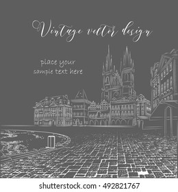 Vintage sketch of the urban landscape. The old city of Prague. Vector illustration