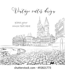 Vintage sketch of the urban landscape. The old city of Prague. Vector illustration