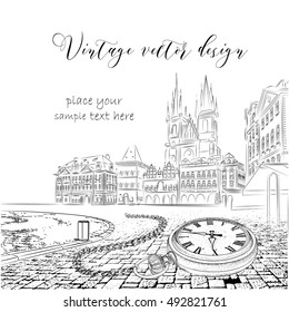 Vintage sketch of the urban landscape with a pocket watch on a chain. The old city of Prague. Vector illustration