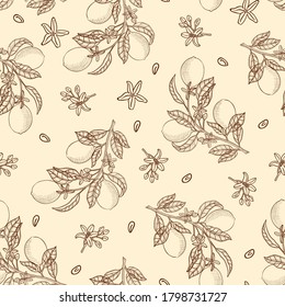 Vintage Sketched Lemon Branches Vector Seamless Pattern