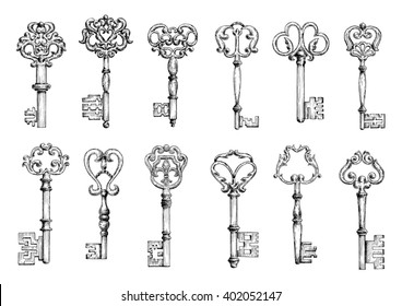 Vintage sketches of medieval door keys adorned by forged floral motifs with decorative elements. Decoration, embellishment, security or safety theme design
