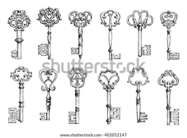 Vintage Sketches Medieval Door Keys Adorned Stock Vector (Royalty Free ...