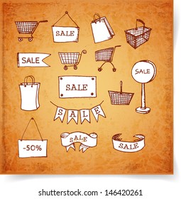 Vintage sketches of shopping objects. Vector illustration.