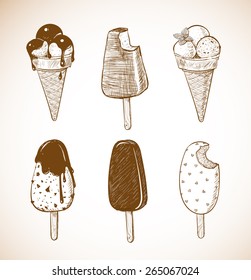 Vintage Sketches of six kinds of ice-cream. Ice cream cone, classic chocolate stick ice cream, ice cream scoops decorated with mint, chocolate topping.