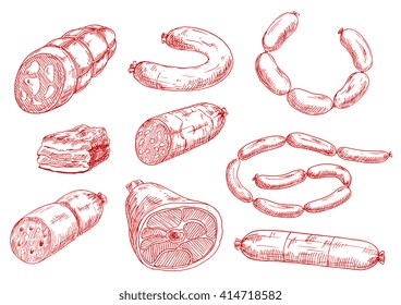 Vintage sketches of smoked sausages, stick of salami, dry cured ham, baked meatloaf, frankfurters and spicy pepperoni. Use for butcher shop, livestock farm or recipe book design