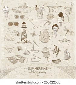 Vintage Sketches of summer elements. Ice cream, cocktails, paper boats, paper planes, sunglasses, sea animals. Vector illustration.