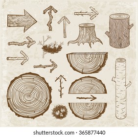 Vintage sketches of wood cuts, logs, stump and wooden arrows 