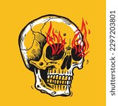 vintage sketchy skull with flames coming out of the eyes