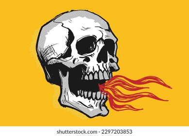 vintage sketchy skull with flames coming out of the mouth