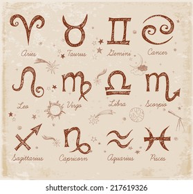 Vintage sketchy zodiac symbols hand-drawn with ink. Vector illustration.