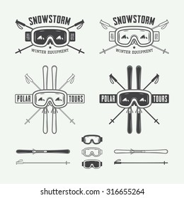 Vintage ski and arctic expeditions logos, badges, emblems and design elements. Vector illustration, eps 10