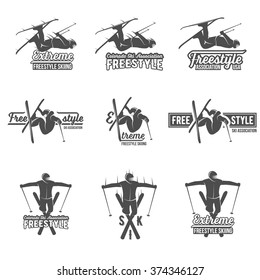 Vintage ski freestyle logos, badges, emblems and design elements. Skier jumping