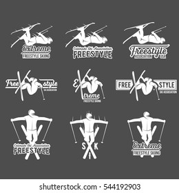 Vintage Ski Freestyle Logos, Badges, Emblems And Design Elements. Winter Extreme Sports. Logo Skier. Retro Logo Design. Old School Sport Logo. Monochrome Badges.