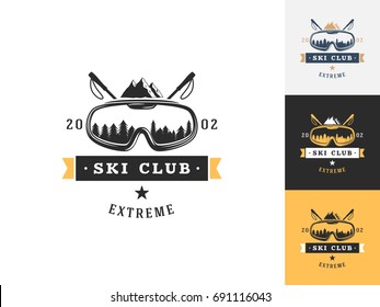 Vintage ski logo design template. Vector logotype elements, Icons, Symbols, Retro Labels, Badges and Silhouettes. Vector illustration