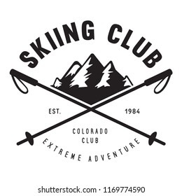 Vintage ski or winter sports logo, badge, emblem, design element. Vector illustration. Monochrome Graphic Art. Concept for shirt, print, seal or stamp.