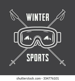 Vintage ski or winter sports logo, emblem, badge, label or watermark with mask in retro style. Vector illustration