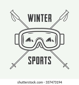 Vintage ski or winter sports logo, emblem, badge, label or watermark with mask in retro style. Vector illustration