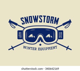 Vintage ski or winter sports logo, emblem, badge, label or watermark with mask in retro style. Vector illustration