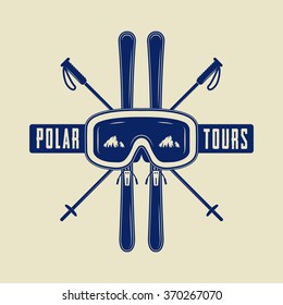 Vintage ski or winter sports logo, emblem, badge, label or watermark with mask in retro style. Vector illustration