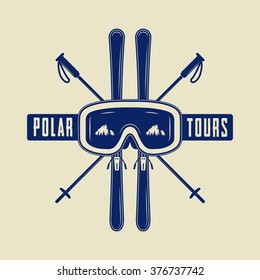 Vintage ski or winter sports logo, emblem, badge, label or watermark with mask in retro style. Vector illustration