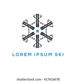 Vintage ski or winter sports logo made of a snowflake composed from skis and ski poles- emblem, badge, label or watermark with mask in retro style. Vector illustration