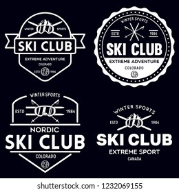 Vintage ski or winter sports logos, badges, emblems, design elements. Vector illustration. Monochrome Graphic Art. Concept for shirt, print, seal or stamp.