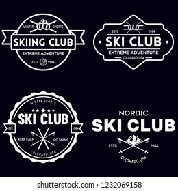 Vintage ski or winter sports logos, badges, emblems, design elements. Vector illustration. Monochrome Graphic Art. Concept for shirt, print, seal or stamp.
