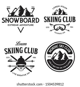 Vintage ski or winter sports logos, badges, emblems, design elements. Vector illustration. Monochrome Graphic Art. Concept for shirt, print, seal or stamp.