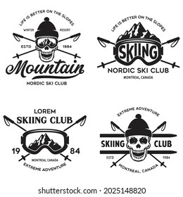 Vintage ski or winter sports logos, badges, emblems, design elements. Vector illustration. Monochrome Graphic Art. Concept for shirt, print, seal or stamp.