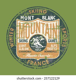 Vintage skiing badge, vector grunge effect in separate layer