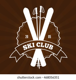 Vintage skiing resort or mountain patrol label, emblem or logo with ski and ski poles