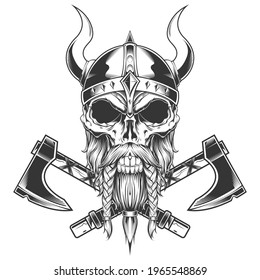 Vintage skull and axe horn monochrome template