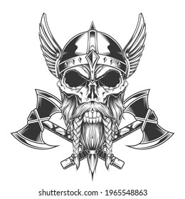 Vintage skull and axe wing monochrome template