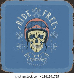 vintage skull biker label in blue and red color
