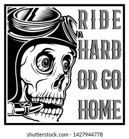vintage skull cafe racer wearing helmet and text ride hard or go home