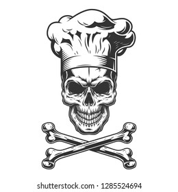 Vintage skull in chef hat with crossbones isolated vector illustration