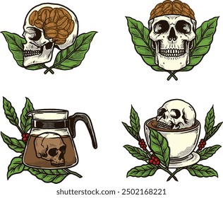 Vintage Skull Coffee Art Collection with Macabre Elements Perfect for Gothic Coffee Lovers and Dark-Themed Designs